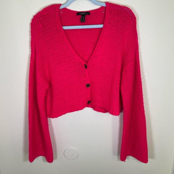 Forever 21 Hot Neon Pink Cropped Button Down Cardigan with Bell Sleeves - Picture 1 of 2